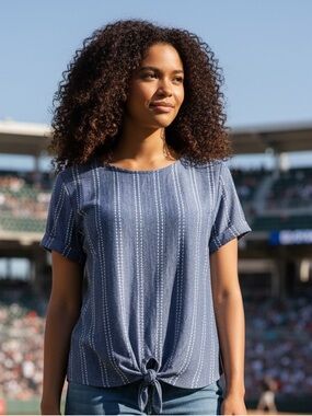 W5 Blue Vertical Stripe Short Sleeve Tie-Front Blouse